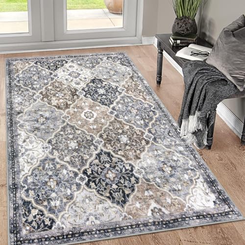 KILOCOCO 3x5 Moroccan Super Soft Area Rug Washable Living Room, Vintage Floral Rug Indoor Non-Slip, Print Faux Wool Accent Indoor Entryway Rug for Laundry Room Playroom Office, Greenish Gray Beige