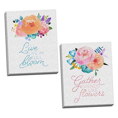 Roaring Brook Lovely Watercolor-Style Gather Friends Like Flowers and Live Life in Full Bloom Set by Noonday Designs; Floral Decor; Two 11x14in Hand-Stretched Canvases
