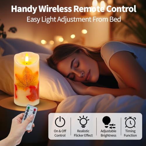 2 Stück Flammenlose LED-Kerzen mit Fernbedienung und Timer, 7,5 x 15 cm Flackernde Flammenlose Kerzen, Echtes Wachs,Batteriebetrieben,Ahornblatt LED Kerzen für Herbst Halloween Thanksgiving Deko – Bild 4