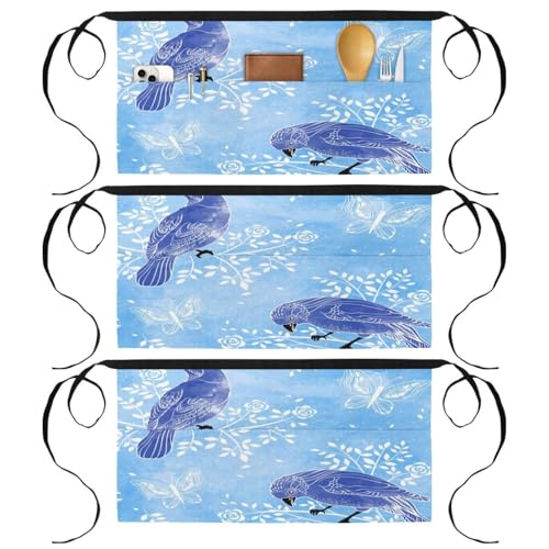 Tabliers courts de chef bleu à motifs fleurs papillons demi-tablier 3 poches