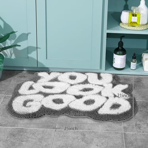 Image of TOIVO You Look Good Bath Mat - Stylish Funny Pink Bathroom Rug with Cute Words, Absorbent & Non-Slip - 25x21 inch (Grey)