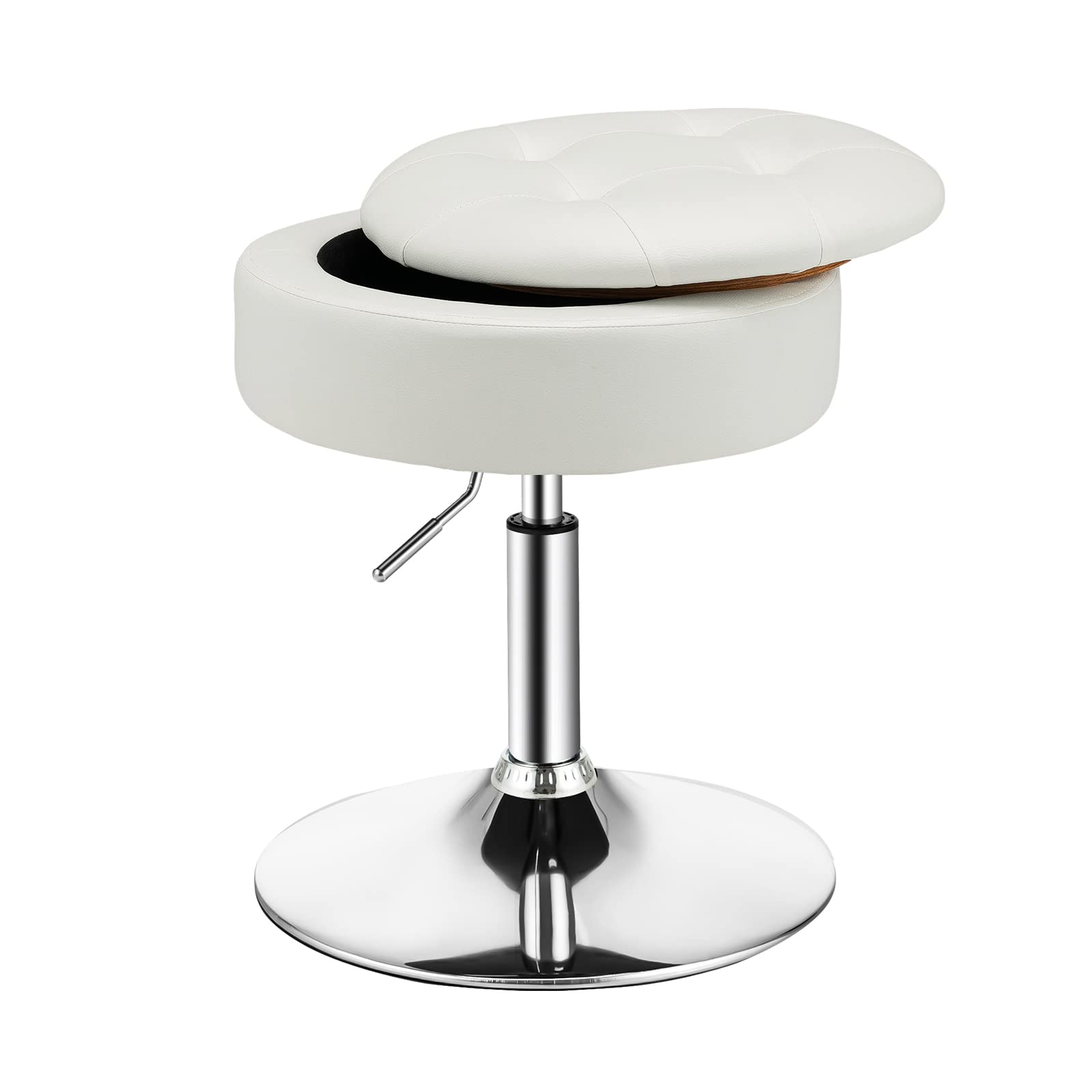 COSTWAY 360° Swivel Vanity Stool, Height Adjustable PU Leather Footstool Storage Ottoman with Removable Tray Lid, Modern Padded Round Footrest Accent Makeup Stool Chair for Living Room Bedroom (White)