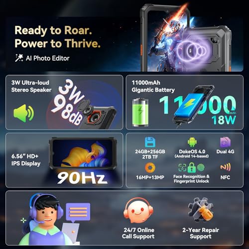 Blackview BV6200Plus Rugged Phone Android 15, 98dB Super Speaker 11000mAh, 24GB+256GB/2TB Rugged Smartphone Unlocked, 6.56" HD+ 90Hz Waterproof Phone 2025 NFC/Fingerprint/GPS/T-moblie/IP69K/3 Slots
