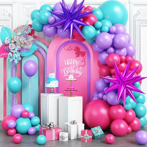 Hot Pink and Teal Blue Balloon Arch Garland Kit, Purple Rose Red ...