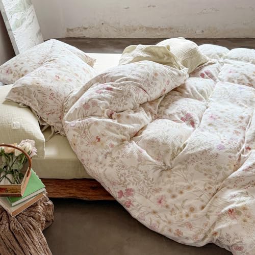 Image of VM VOUGEMARKET Cottagecore Wildflower Duvet Cover Set Twin,Luxury Crinkled Double Layer Cotton Bedding Bedding Set,Lightweight Breathable Floral Comforter Cover for Girls Women