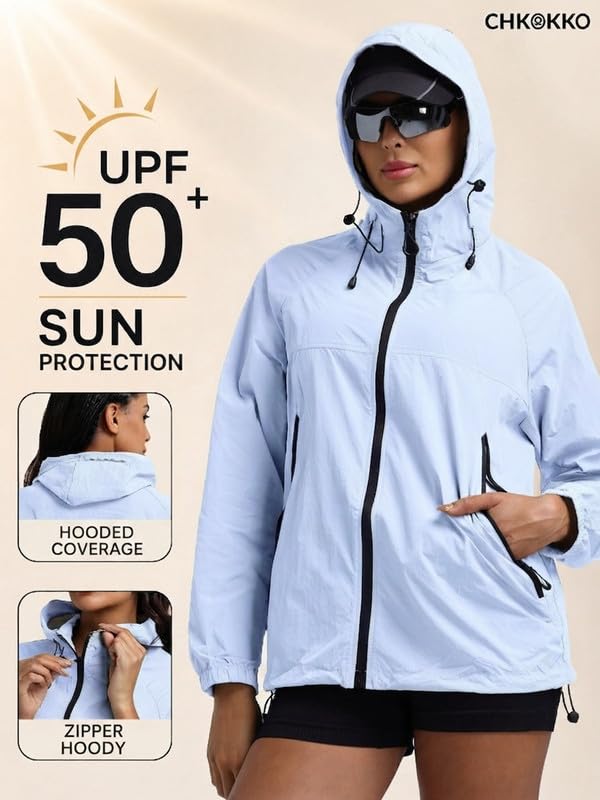 Image of CHKOKKO Sunscreen Jacket For Women With Hood Upf 50+ UV Tan Sun Protection | Wind Proof Lightweight Breathable Quick-dry Water-repellent Fabric | For Gym Sports Running Biking And Dailywear