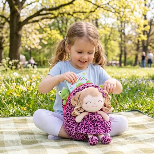 Image of Gloveleya Toddler Girls Backpacks Soft Doll Backpack for Kids Curly Hair Dolls for Girls in Rose Leopard Dress 9 inches