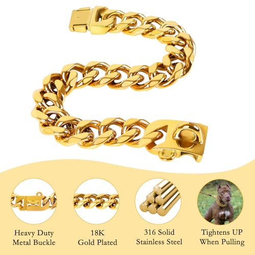 BAOBOTE Goldfarbenes Hundehalsband, 23 mm, mit kubanischem Glieder-Hundehalsband, robustes Trainingshalsband, kaufest für mittelgroße Hunde (45,7 cm, Gold)