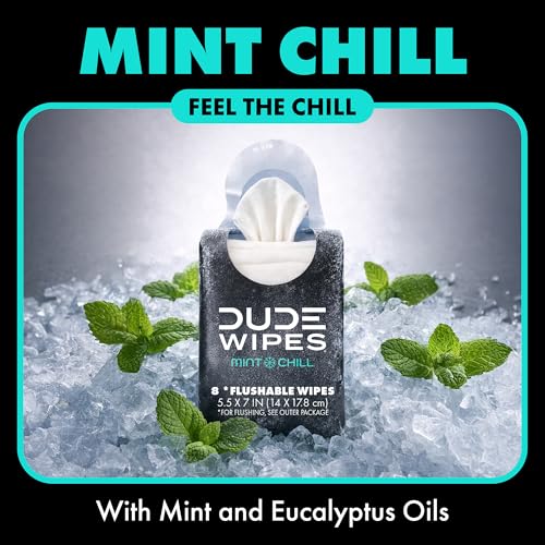 Image of DUDE Wipes Mint Chill Pocket Packs - Travel Wipes - 12 Packs of 8 (96 Count) - On-The-Go Adult Flushable Wipes - Infused with Tea Tree Oil, Vitamin E, and Aloe - Septic and Sewer Safe