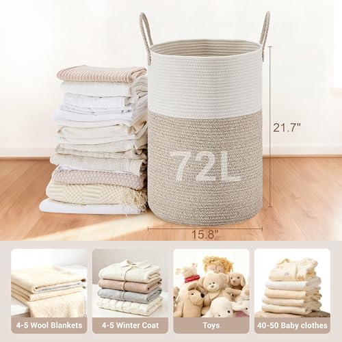 Image of 72L Large Tall Cotton Rope Laundry Basket with Handles, Brown