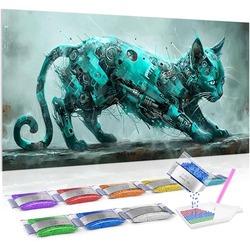 Kit completo DIY de pintar con diamantes Jumpdot: cuadro 5D de gato mecánico 70x40 cm