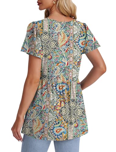 Image of OFEEFAN Womens Summer Tops Babydoll Short Sleeve Shirts Puff Sleeve Peplum Tops V Neck T Shirts