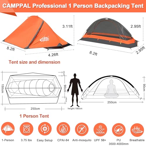 camppal 1 Person Tent for Camping Hiking Mountain Hunting Backpacking Tents 4 Season Resistance to Windproof Rainproof and Waterproof - Image 6