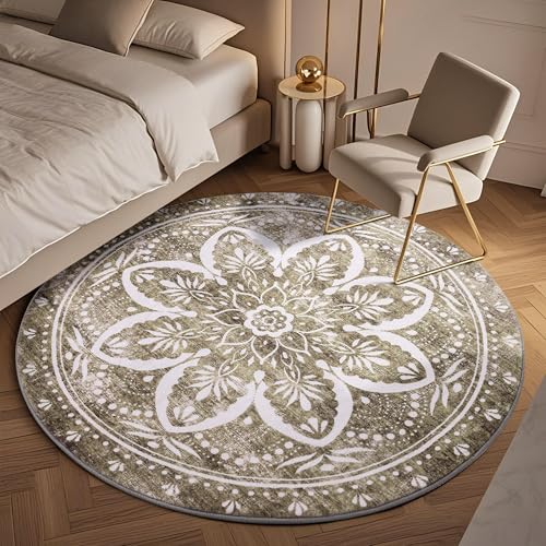 Image of Carvapet Vintage 60 inch Round Rugs - Washable Non-Slip Circle Rug with Rubber Backing Foldable Low Pile Design for Living Room Bedroom, 5 ft Brown Rug