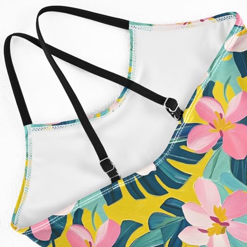 senya Girls Swimsuits One-Piece Swimwear Tie Bathing Suit Beach Summer Round Neck 9-10T Tropical Flowers and Leaves Pattern4
