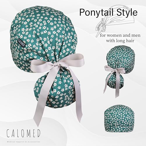 Image of Scrub Cap for Women and Men, Ponytail Scrub Caps, Working Hat, Head Cover with Ribbon Ties and Buttons, Long Hair