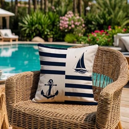 Jayusaror Kissenbezug Outdoor 40x40 Wetterfest Blau Kissenhülle Maritim Anker Segelboot Sommer Kopfkissenbezug Kissenbezüge Nautisch Kissen Zierkissenbezüge für Sofa Wohnzimmer Garten Deko，2er Set – Bild 4
