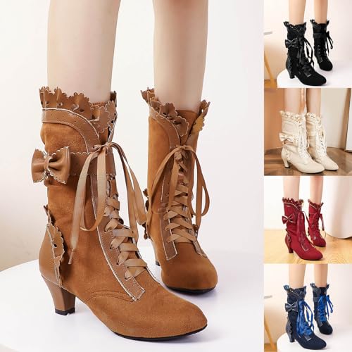 Victorian Boots for Women Chunky Heels Lace Up Mid Calf Boots Vintage Gothic Steampunk Halloween Costume Witch Shoes Medieval Renaissance Boots2