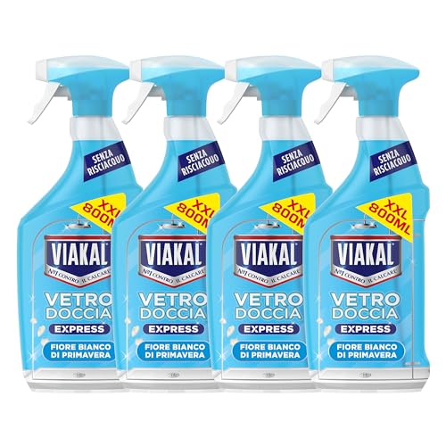 Viakal Vetro Doccia Express Spray, Fiori bianchi, Senza Risciacquo, Pulizia scintillante in una sola passata, 4x800ml