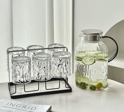 SwiftLink ガラスポット ピッチャー ティーポット 高硼硅ガラス 2L大容量 250mlカップ6個セット カップホルダー/茶こし付き 直火対応 耐熱-20℃〜150℃ フルーツティー/ホット/コールドティー/コーヒー/ミルク用 洗いやすい 冷水筒