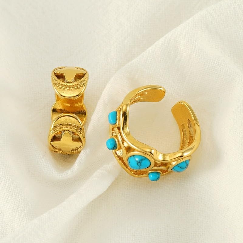Turquoise Ring, 18K Gold Plated Western Rings for Women, Adjustable Turquoise Ring for Men, Boho Gold Statement Ring for Turquoise Jewelry - Image 2