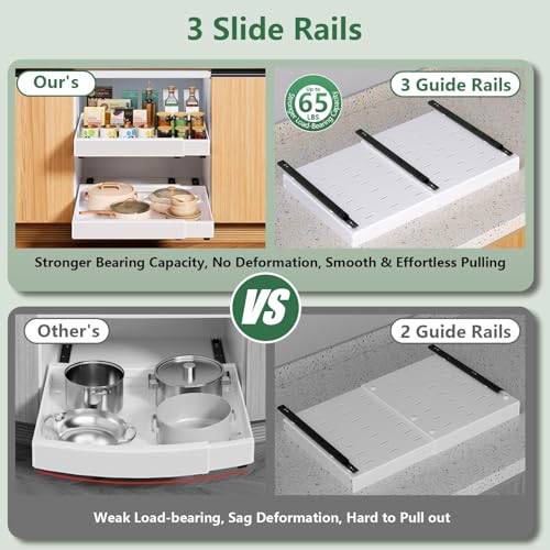 Pull Out Cabinet Organizer, 21" Deep, Expandable(12.6"-21.3"), Slide Out Drawers for Cabinets with Adhesive, Adjustable Roll Out Shelves for Kitchen Pantry (White-2 Pack, 21"D x 12.6"W x 2.76"H)