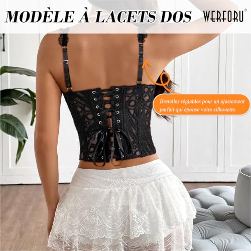 WERFORU Corset Top en Dentelle pour Femme Bustier Floral Transparent Sexy Bralette à Lacets dos Ajustable Crop Top pour Sortie Concert et Soirées Club,Noir – vue 5
