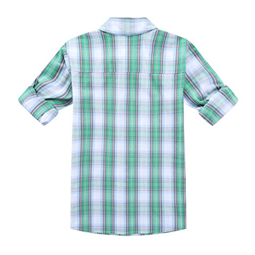 Bienzoe Boy's Cotton Plaid Roll Up Button Down Sports Shirts Green/Grey 13/14 #TOP1