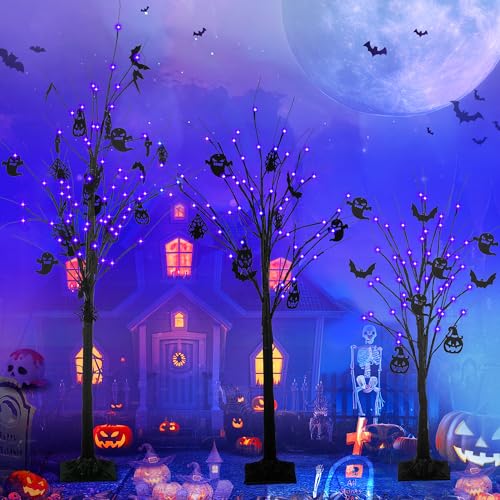 GENMOUS 3-Pack Black Halloween Tree with LED Orange & Purple
