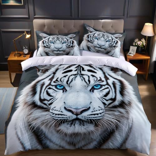 Gris Housse de Couette 160x200 cm Tigre Blanc Parure de Lit 2 Personnes en Microfibre avec 2 Taies d’Oreiller, Ensemble de Literie pour Adolescent et Adulte