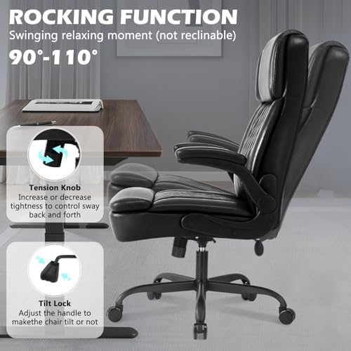 Image of 450lbs Executive Office Chair for Heavy People, Ergonomic Big and Tall Desk Chair with Adjustable Lumbar Support&Flip Up Armrest,High Back PU Leather Comfy Swivel Computer Chair