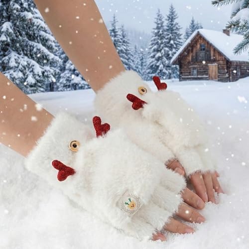 Image of Kraptick Women's Cute Reindeer Plush Convertible Fingerless Gloves - Winter Warm Fluffy Flip-Top Mittens - Korean Style Soft Hand Warmers for Girls & Ladies (Free Size, White)-3