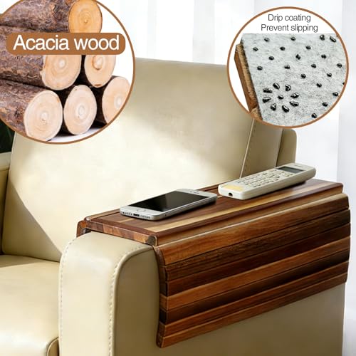 Image of FUNKYLEE Acacia Wood Couch Armrest Table, Couch Arm Tray with Removable Couch Cup Holder, 2 in 1 Design Foldable Anti-Slip Acacia Wood Sofa Arm Tray for Remote Controls, Phones, Cups and Snacks