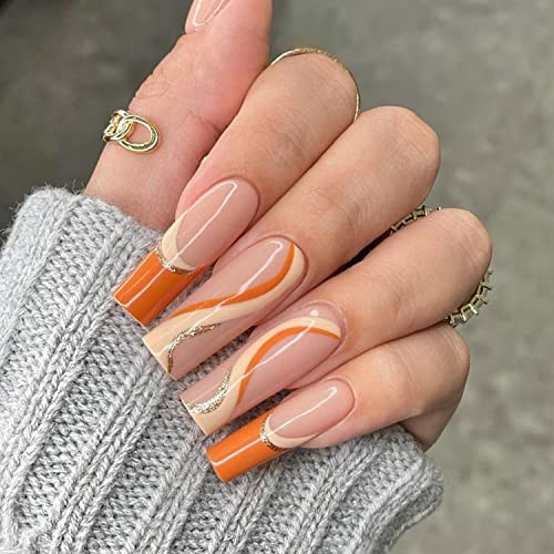 24Pcs Long Coffin Press on Nails French Abstract Swirl Fake Nails Full Cover Stick on Nails White Black Pink Irregular Stripes Designs Reusable Nails for Women Girls (Orange)