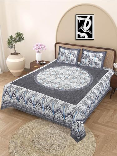 Image of Indian Hand Block Printed 200 TC Cotton Double Size Bedsheet with 2 Pillow Covers 90 By 100 Inches /Grey