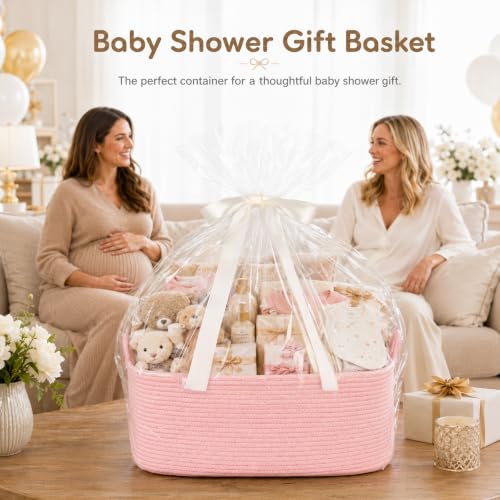 Image of OIASKET Large Empty Cotton Rope Gift Basket with Handles, 18.9 inchx13.8 inchx7.8 inch Decorative Woven Storage Basket with Gift Bag and Ribbon Set for Baby Shower, Toy Organizer for Kids, Dogs & Cats - Pink