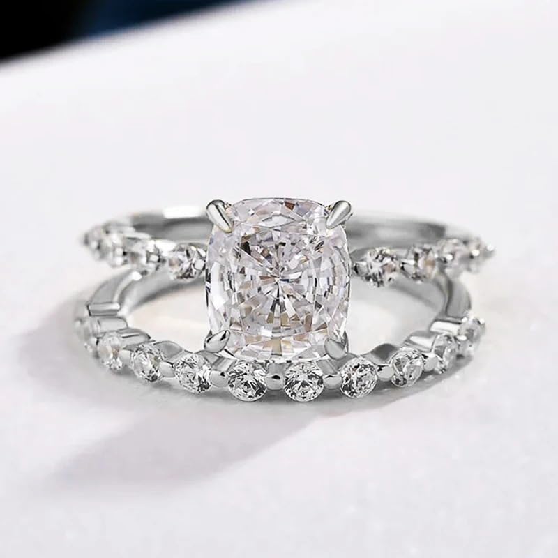 925 Sterling Silver Bridal Ring Sets Emerald Cut CZ Promise Ring Square Wedding Engagement Ring,18K White Gold Plated Cubic Zirconia Promise Eternity Ring Set for Women Size 6-10（10 Silver） - Image 3