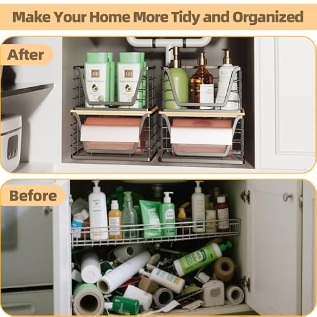 2 Pack Storage Stackable Kitchen Laundry Organizers, Wall Mount Large Trash Bag Holder with Bamboo Top, Standard Garbage Bag Dispenser, No Drill Required