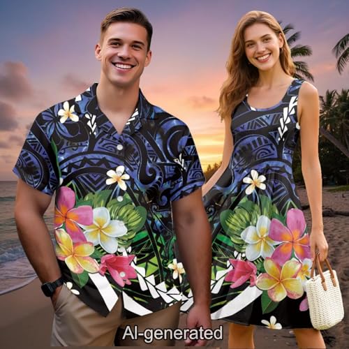 Image of Dreaweet Summer Dresses for Women A-Line Sleeveless Flowy Sun Dresses,Men's Casual Button-Down Shirts,Couple Matching Outfits