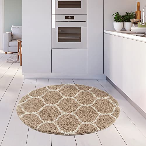 THE RUGS Shaggy Rug, Modern Moroccan Design Rugs for Living Room Bedroom, Hallway, 3 cm Thick Area Rugs, (Trellis Beige/Ivory - Image 3