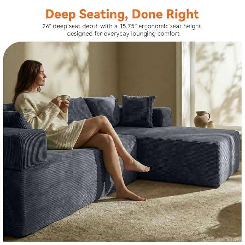 Image of MONVANE 106 inch Cloud Sectional Couch with L-Shaped Chaise, Modular Sectional Sofa with Deep Seat and Removable Armrests, Comfy Corduroy Boneless Couches for Living Room, No Assembly Required, Grey