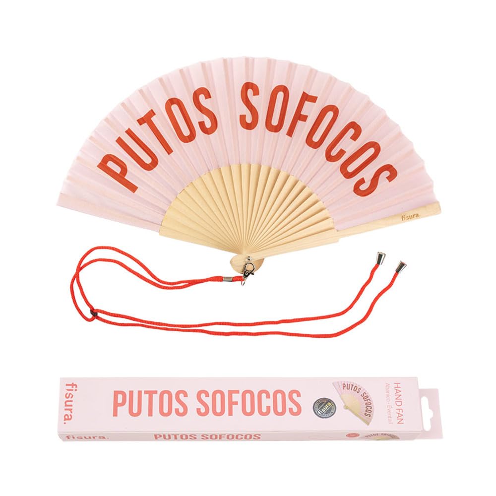 Fisura Sofocos, Red - Original Handheld Folding Fan With The Message In Spanish. Wooden Fan. Original Holding Hand Fans. Fan With Hanger Included (Sofocos, Pink)