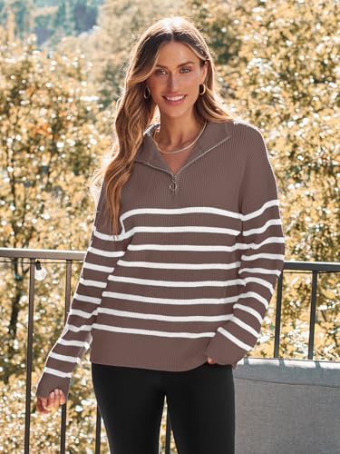 LILLUSORY Women's Quarter Zip Striped Oversized Sweater 2025 Mock Turtleneck Fall Fashion Outfit3