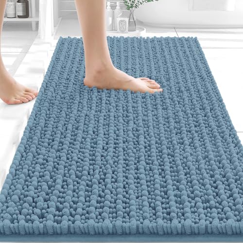 Image of OLANLY Bathroom Rug Mat 34x21, Thick Soft and Absorbent Chenille Bath Mat, Non-Slip Rubber Backing, Machine Washable Quick Dry Bath Rugs for Tub Shower Floor, Home Decor Accessories, Airy Blue
