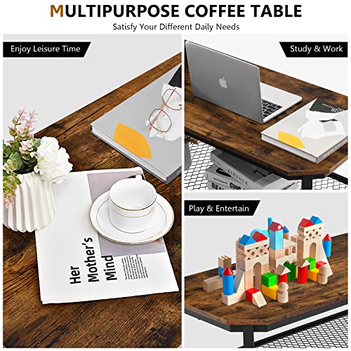 Costway Industrial Coffee Table, 2-Tier Cocktail Tea Table With Open Mesh Storage Shelf, Wooden Finish Tabletop, Metal Frame, Sofa Side Central Table For Living Room, Bedroom, Rustic Brown #TOP4