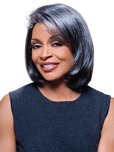 Jamie Wig Color 44 Charcoal Gray - Foxy Silver Wigs Med Length Bob Synthetic Sweeping Side Fringe African American Lightweight Average Cap Bundle MaxWigs Hairloss Booklet