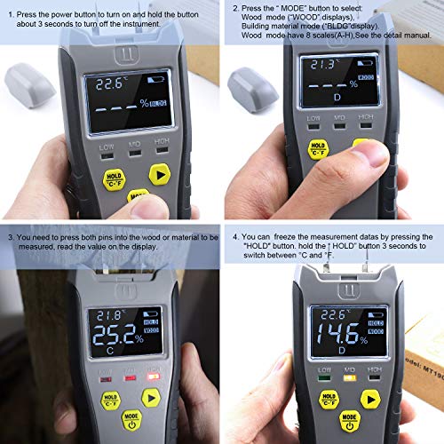 Digital Moisture Meter, Water Leak Detector, Moisture Tester, Pin Type, Backlit LCD Display With Audible and Visual High-Medium-Low Moisture Content Alerts - Thumbnail 7