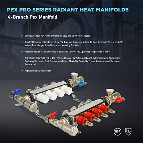Image of Midline Valve NQT104 PEX Manifold 1 /2 in. for Radiant Heating System; with Valves, Vents, Gauges, and Mounting Brackets; Stainless Steel; 4 Port