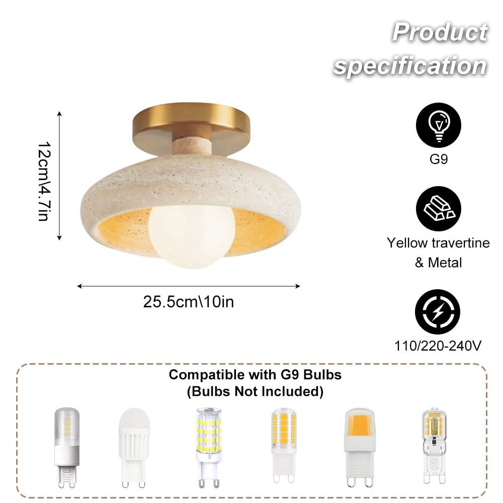 Jadssox Wabi Sabi Kamienna Lampa Sufitowa 10" Japoński Trawertyn, Półtynkowa Lampa Sufitowa, Nordyckie Oprawy Oświetleniowe Blisko Sufitu Do Przedpokoju, Korytarza, Schodów W Salonie