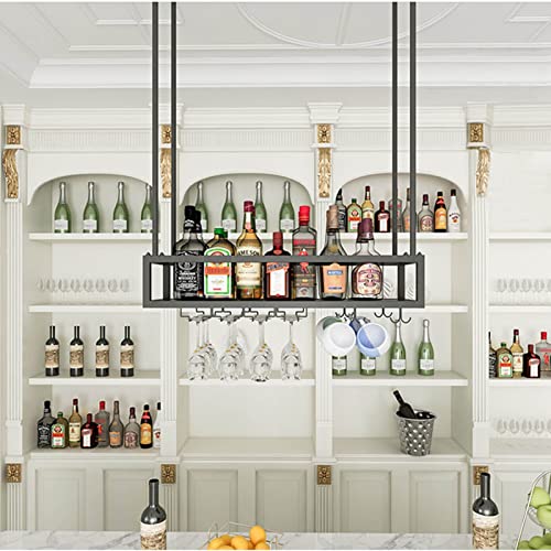 Gaommini Botellero para Colgar en el Techo, Barra de Cocina, Soporte para Botellas de Vino con Copa, Soporte para Almacenamiento de Vino, Estante de decoración de Metal Negro, Altura Ajustable Cover